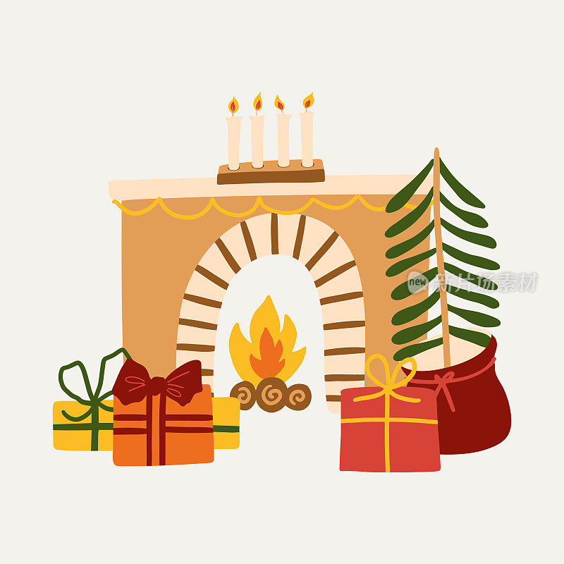 矢量圣诞平面装饰在家里的插图。手绘壁炉，圣诞树，礼物，降临蜡烛。