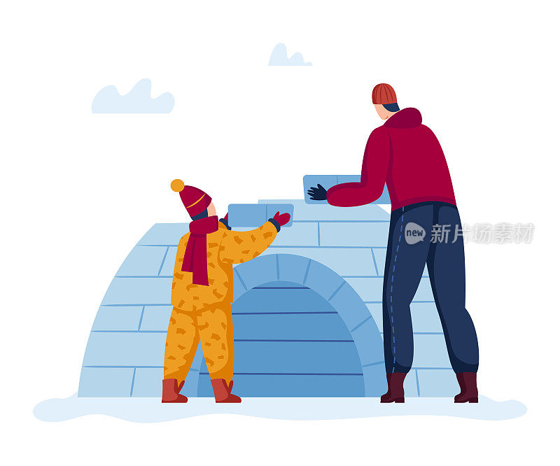 爸爸和儿子一起盖冰屋，爸爸和男孩快乐地度过时光，一家人在户外矢量图解下雪