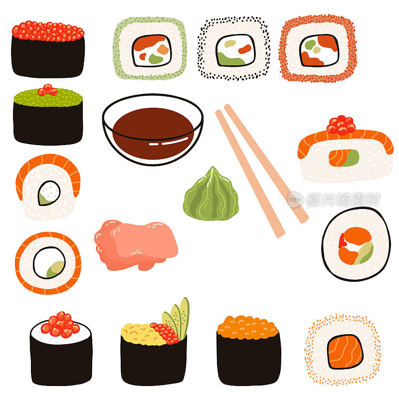 寿司搭配酱油，姜，芥末，平底筷子。手绘的日本传统料理插图