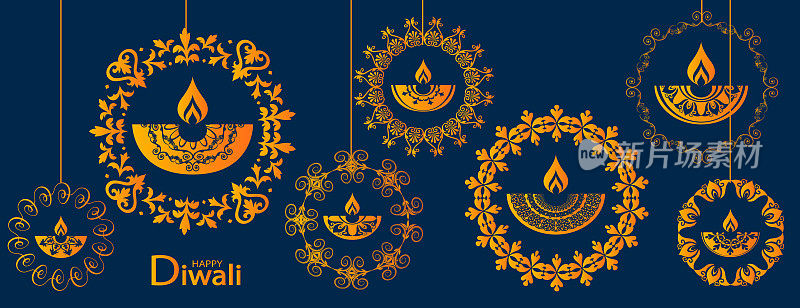 迪瓦拉节和排灯节的概念在平面风格。带有印度教图案的油灯，燃烧的蜡烛芯和彩色背景上的rangoli装饰。节日排灯节海报或横幅。