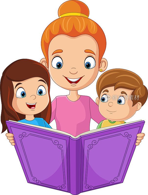 卡通妈妈和孩子们一起读故事书