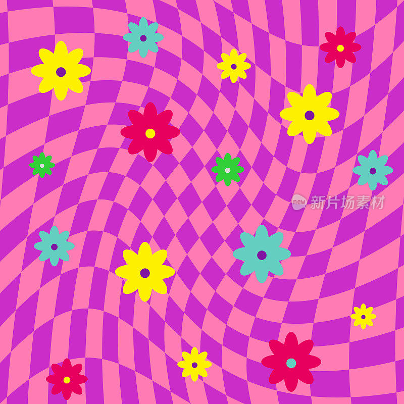 粉红色迷幻方形几何图案与花朵。视错觉背景60s