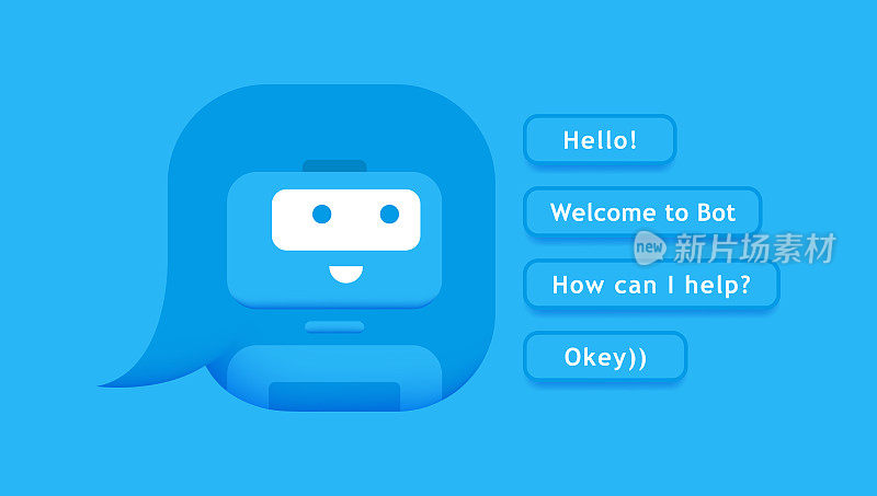 可爱的3d聊天机器人字符留言框语音气泡。聊天机器人与不同的消息选项。机器人在线咨询和支持服务。平面矢量图
