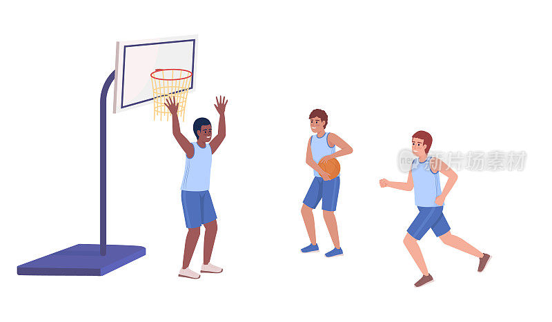 运动男孩打篮球队半平面颜色矢量字符