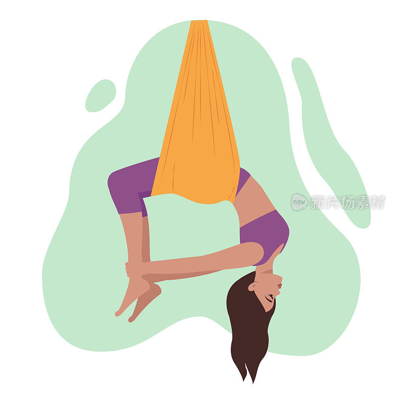 一个穿着运动服的女人挂在吊床上做伸展运动，做空中体操，瑜伽。倡导积极健康的生活方式，放飞瑜伽。
