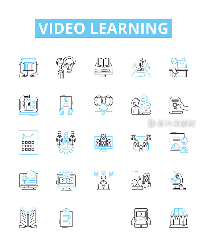 视频学习矢量线图标设置。视频，学习，课程，教程，课程，教育，电子学习插图大纲概念符号和标志