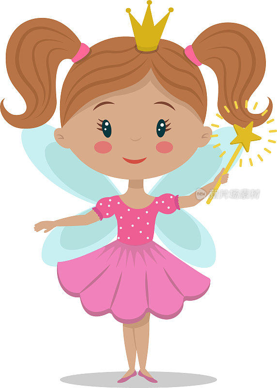 一个可爱的小仙女，戴着王冠和翅膀。有趣的卡通人物牙仙子穿着粉红色的裙子。股票矢量插图隔离在一个白色的背景