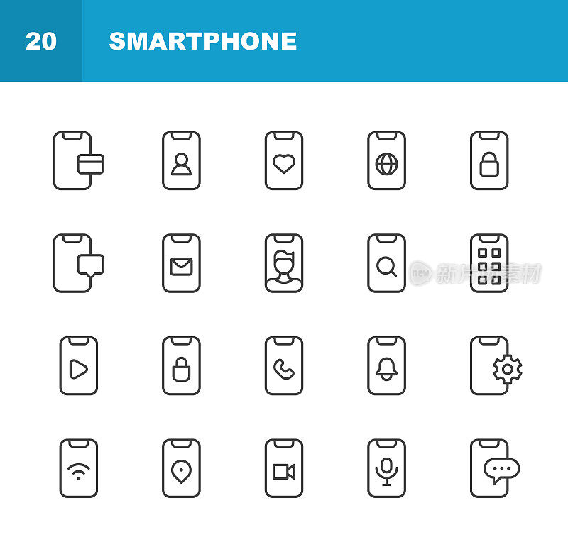 智能手机线路图标。可编辑的中风。像素完美。移动和Web。包含诸如数字显示、娱乐、游戏、互联网、消息、网上购物、智能手机、社交媒体、触摸手势、触摸屏、视频流、电话等图标。