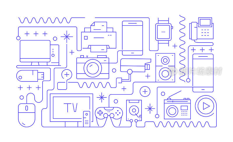 计算机和设备相关线路横幅设计。采购产品打印机，耳机，相机，游戏机，图形平板电脑，安全摄像头。