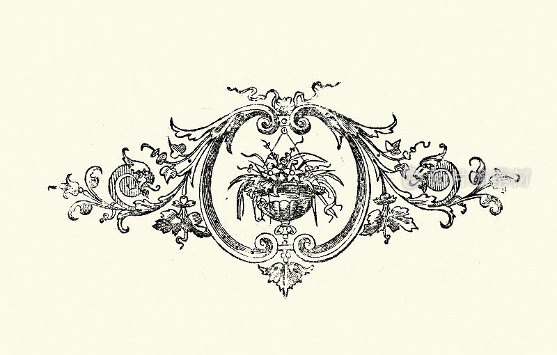 复古插图的维多利亚花卉图案设计元素，挂篮的花，19世纪