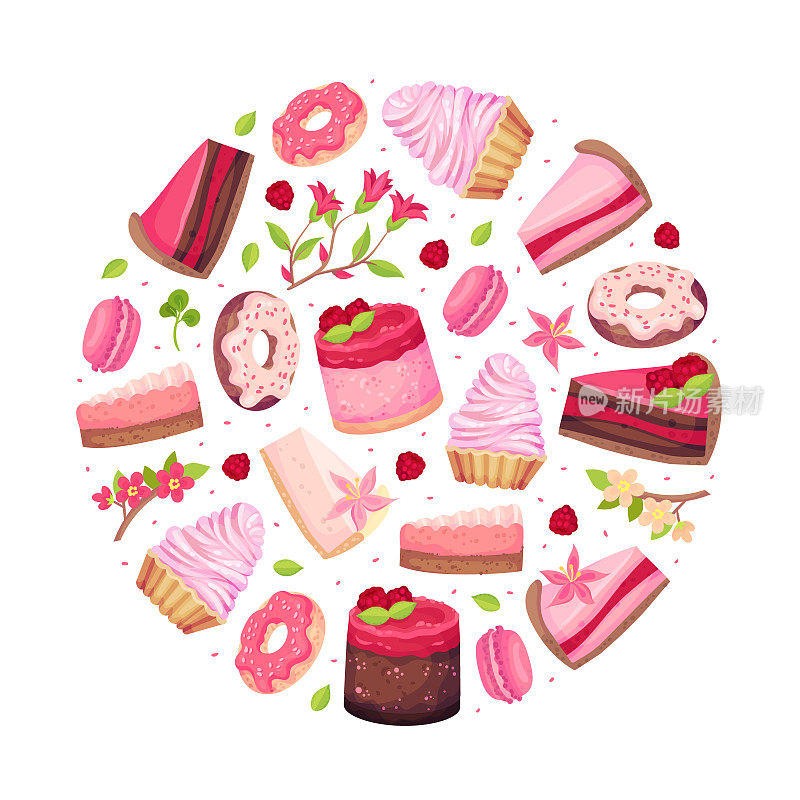 甜覆盆子甜点圆形构图设计与奶油蛋糕和甜甜圈矢量模板