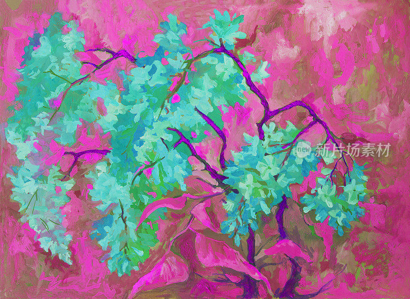 插图油画水平风景灌木丁香在粉红色