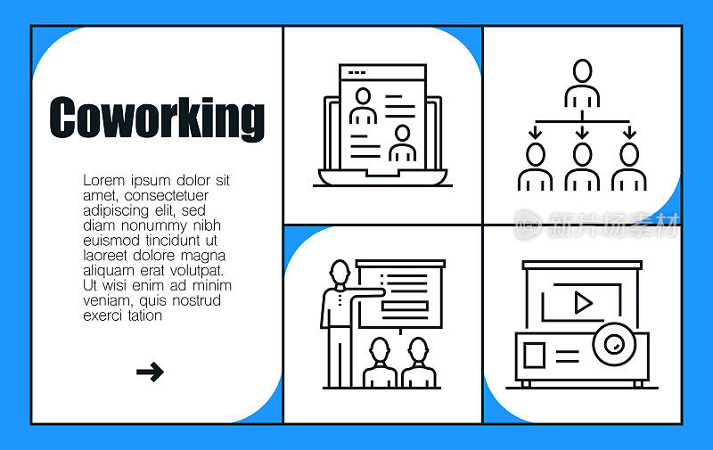 共同工作线图标集和横幅设计。计算机、商务、策划、办公