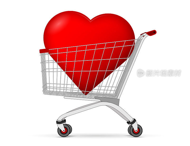 超市手推车带着心，浪漫和爱。