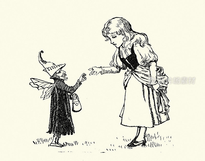 小女孩与仙女握手，童话，幻想，维多利亚儿童读物插图，19世纪