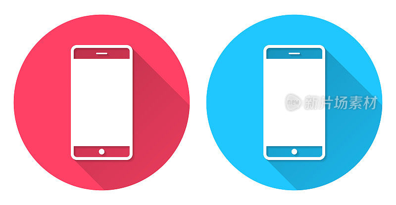 智能手机或移动电话。圆形图标与长阴影在红色或蓝色的背景