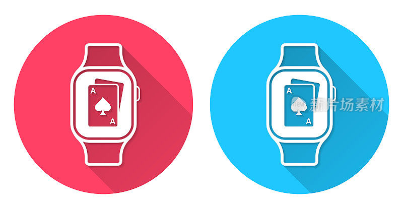 带扑克牌的智能手表。圆形图标与长阴影在红色或蓝色的背景