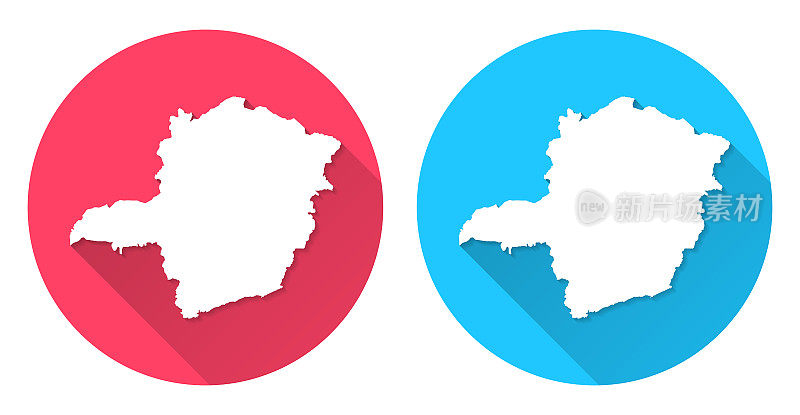 米纳斯吉拉斯州地图。圆形图标与长阴影在红色或蓝色的背景