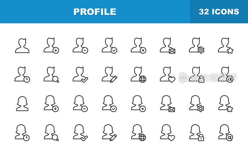 配置文件和用户线图标。可编辑的中风。包含诸如社交媒体，通信，头像，客户支持，人，用户界面设计等图标。