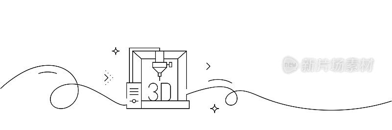 3D打印机图标的连续线条绘制。手绘符号矢量插图。