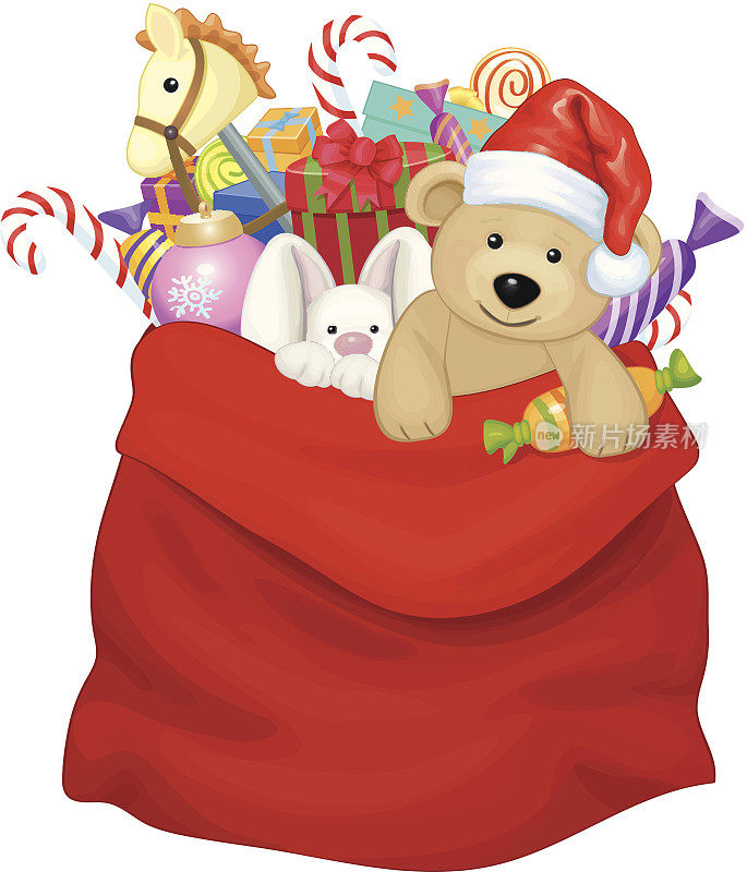 矢量圣诞老人袋与玩具和礼物。