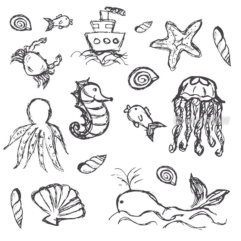 鱼和海洋生物手绘图标集eps10