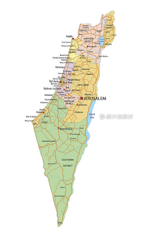 以色列-高度详细，可编辑的政治地图与标签。