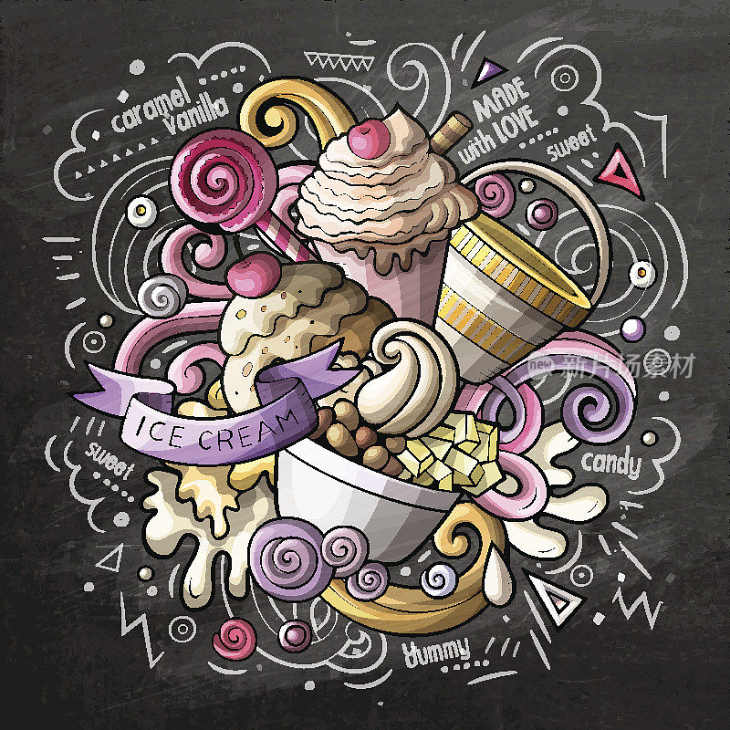 冰淇淋卡通矢量涂鸦水彩插图