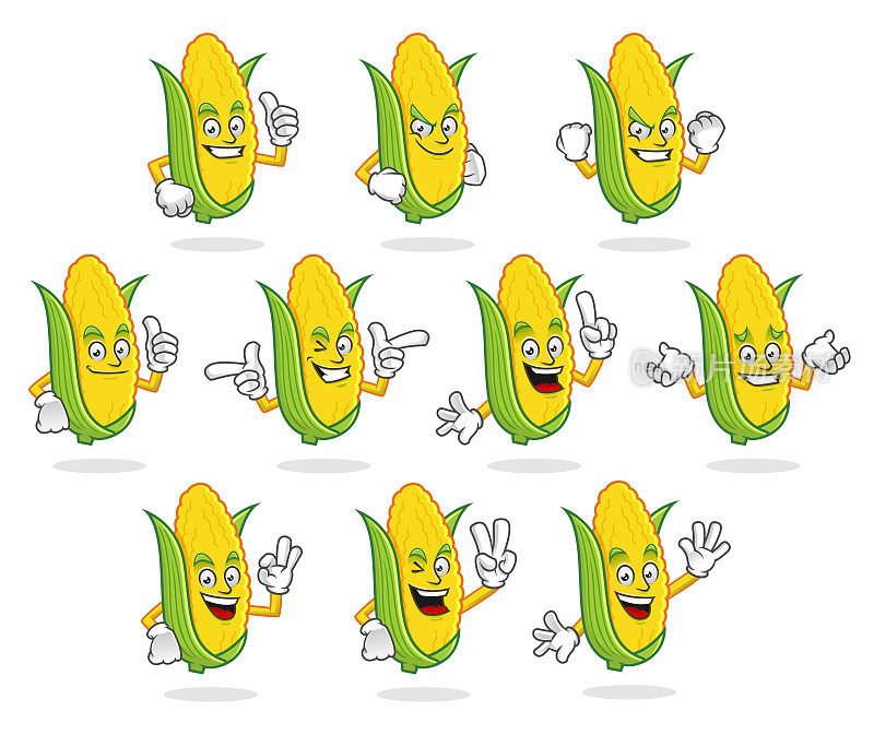 玉米吉祥物矢量包，玉米字符集，玉米矢量