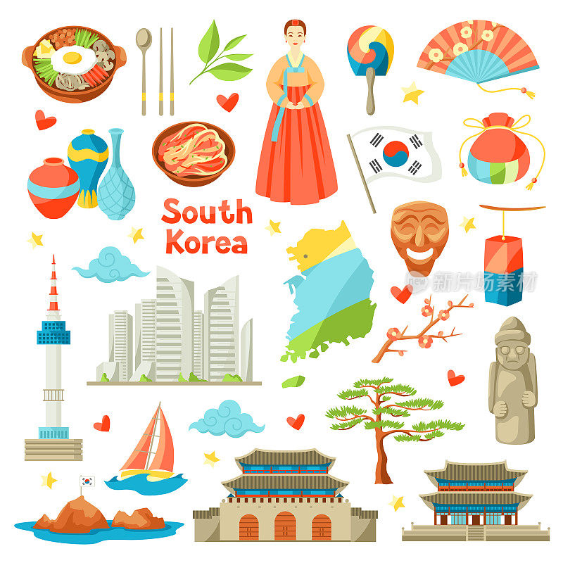 韩国图标集。韩国传统符号和物品