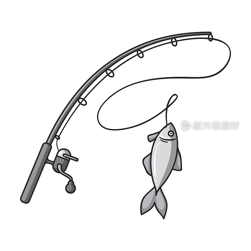 鱼竿和鱼图标在单色风格孤立的白色背景。钓鱼符号股票矢量插图。插画_