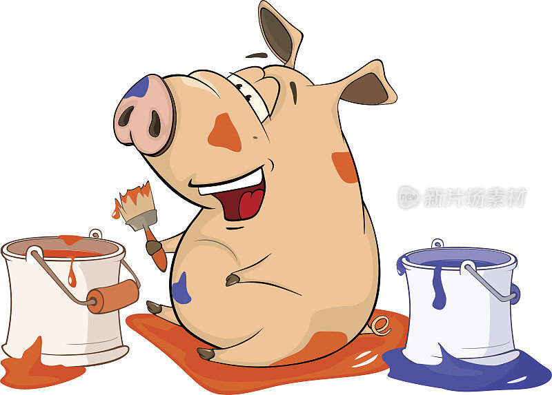 插图可爱的猪房子画家卡通人物