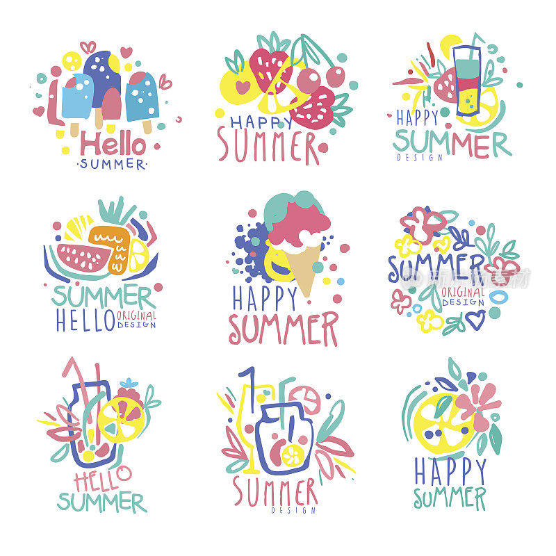 你好夏季图标模板原创设计集，彩色手绘矢量插图