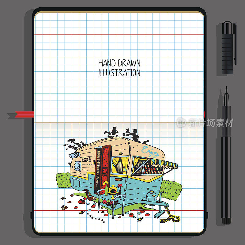露营车。旅行和娱乐时间概念。矢量笔记本与细眼线笔和手绘涂鸦。