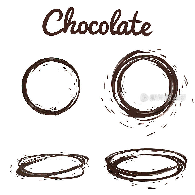 巧克力色斑。棕色热咖啡或巧克力圆形圆形飞溅与雨滴和螺栓设置隔离在白色背景，矢量3d插图