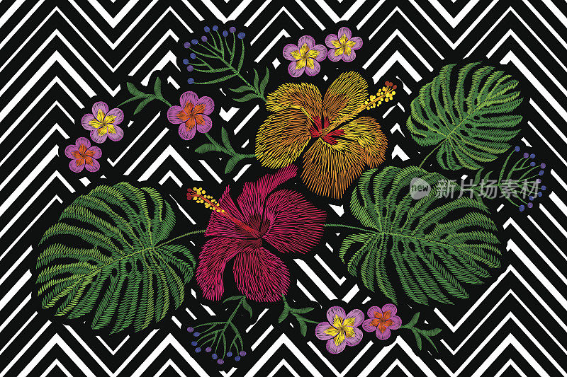 热带刺绣插花。奇异的植物在夏天的丛林中开花。时尚印花纺织品补丁。夏威夷木槿鸡蛋花几何无缝条纹矢量插图