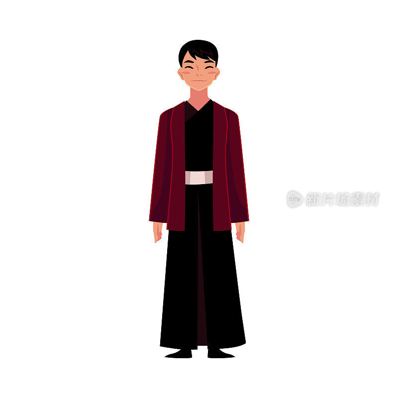 中国人穿着传统民族服装，黑袍和短上衣