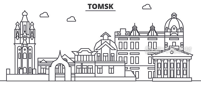 俄罗斯，托木斯克建筑线天际线插图。线性向量的城市景观与著名的地标，城市景观，设计图标。风景与可编辑的笔触