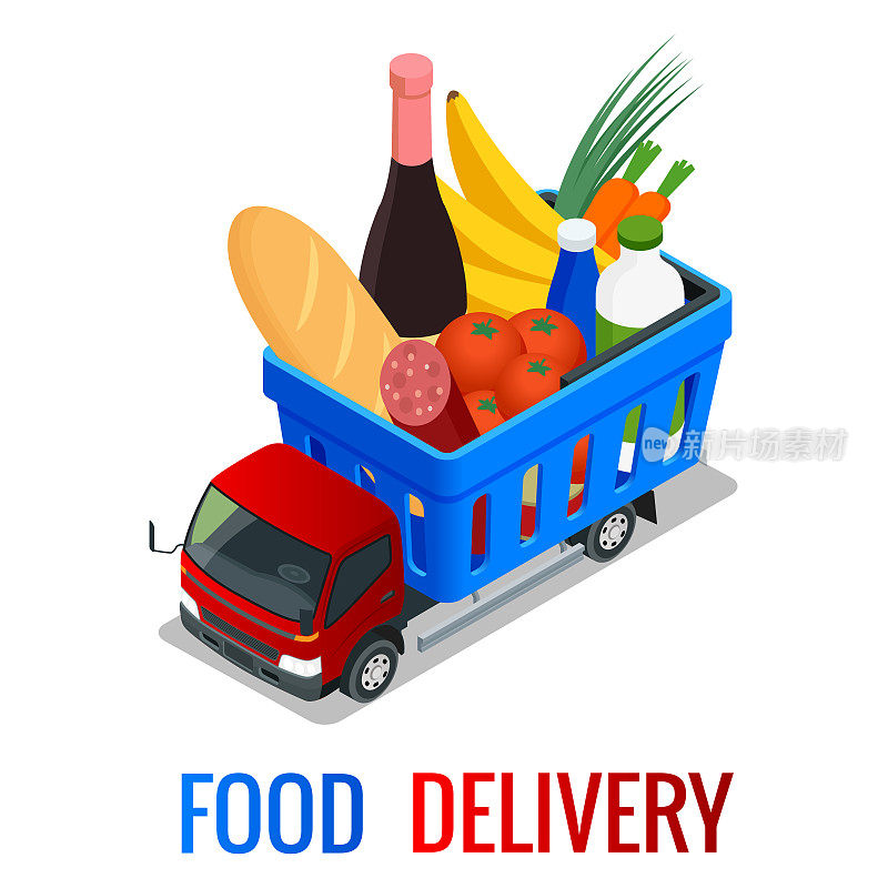 用木盒运送新鲜有机蔬菜。等距送餐车，送餐理念。网上购物。免费送货，24小时送货。平面矢量等距图