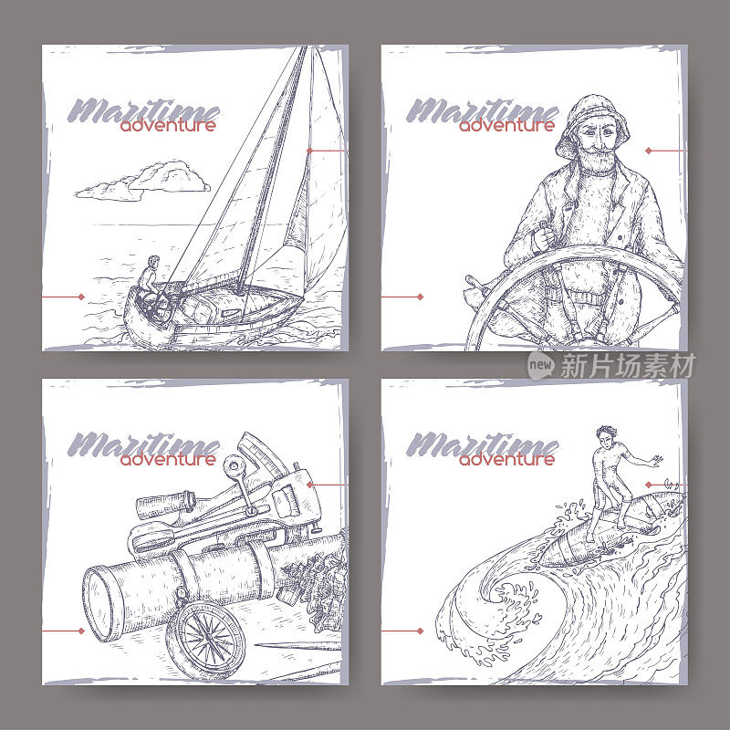 四个旗帜与老船长，导航仪器，帆船和冲浪者素描。海上adveture系列。