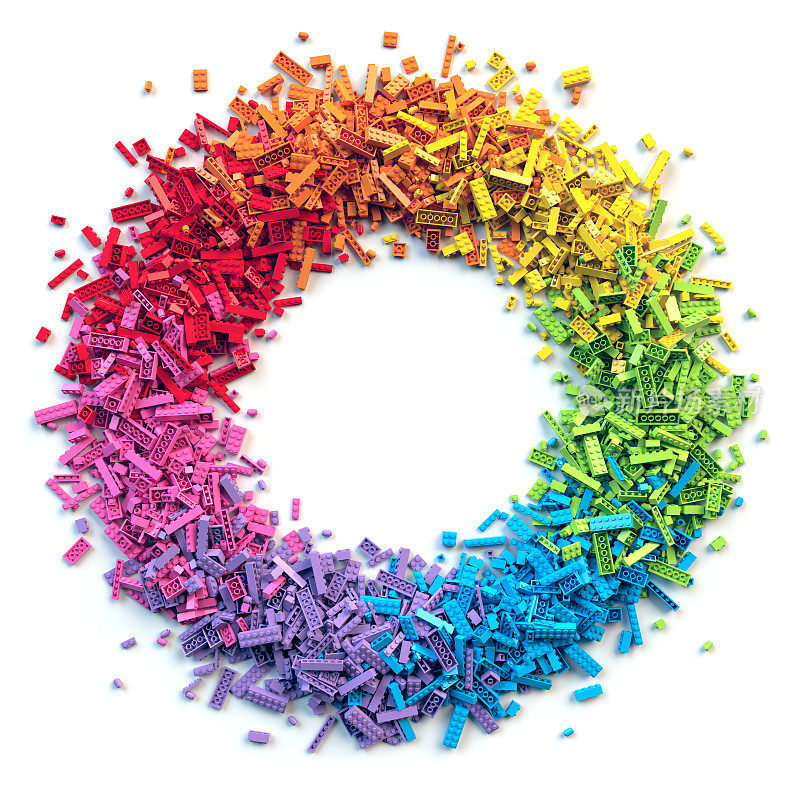 彩虹积木玩具圈架。三维渲染