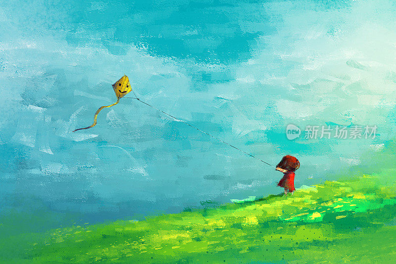 女孩拿着黄色的风筝在田野里奔跑