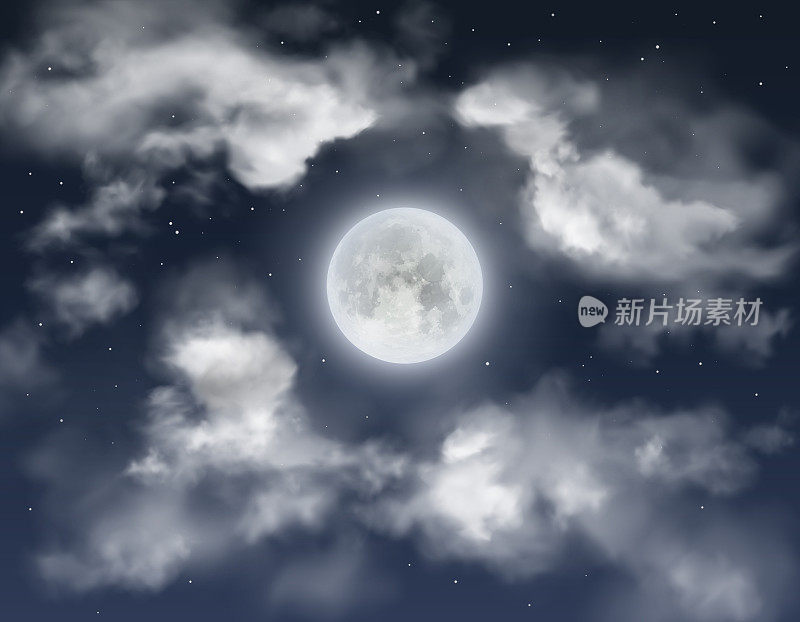 夜空背景有满月，云彩和闪亮的星星