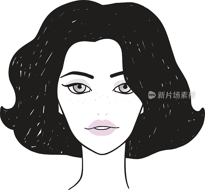 年轻女子，漂亮的脸蛋。矢量面部插图的女性黑色的头发风格，美丽的标志，化妆品图标在白色的背景