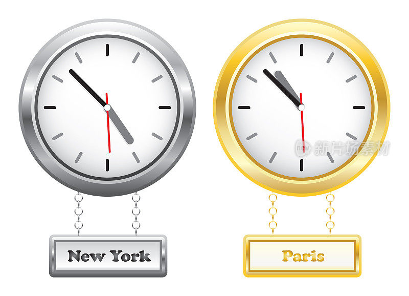 纽约和巴黎的银钟和金钟显示时间——不同的时区