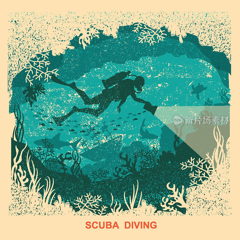 潜水员在水下深处游泳的剪影。复古海报背景