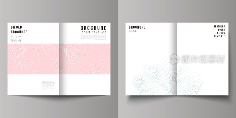 矢量布局的两个A4格式现代封面模型设计模板双折小册子，杂志，传单，小册子，年度报告。等高线地形图，抽象单色背景。