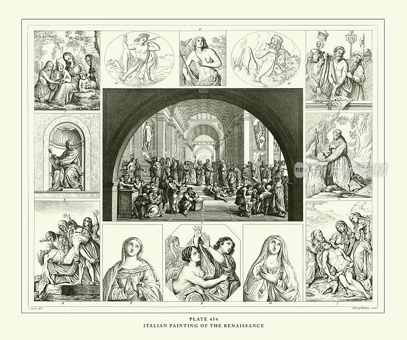雕刻古董，意大利文艺复兴时期的绘画雕刻古董插图，1851年出版