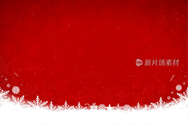白色的雪和雪花在底部的红色水平圣诞背景矢量插图