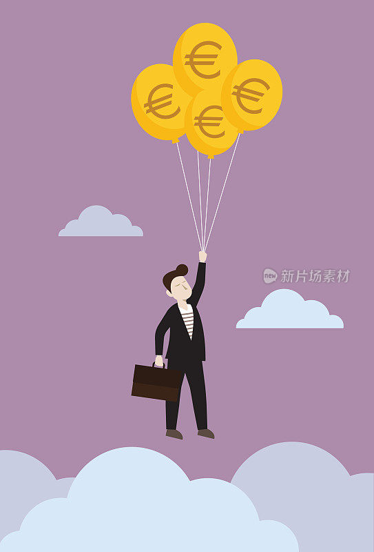 商人与欧元硬币气球漂浮